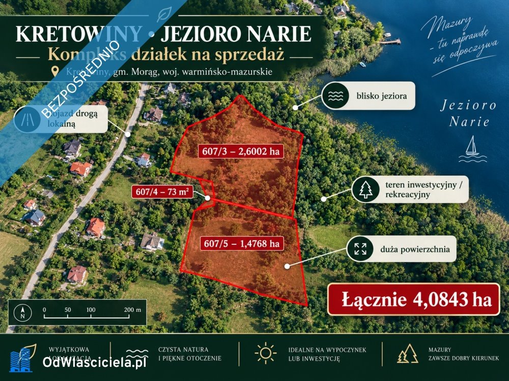 Działka 4,08 ha nad Jeziorem Narie - inwestycja i rekreacja Kretowiny  40 843m2 Foto 1