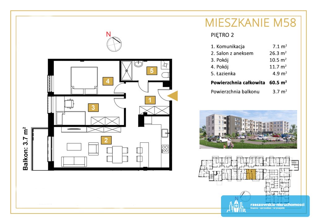 Mieszkanie trzypokojowe na sprzedaż Rzeszów, Warszawska  61m2 Foto 2