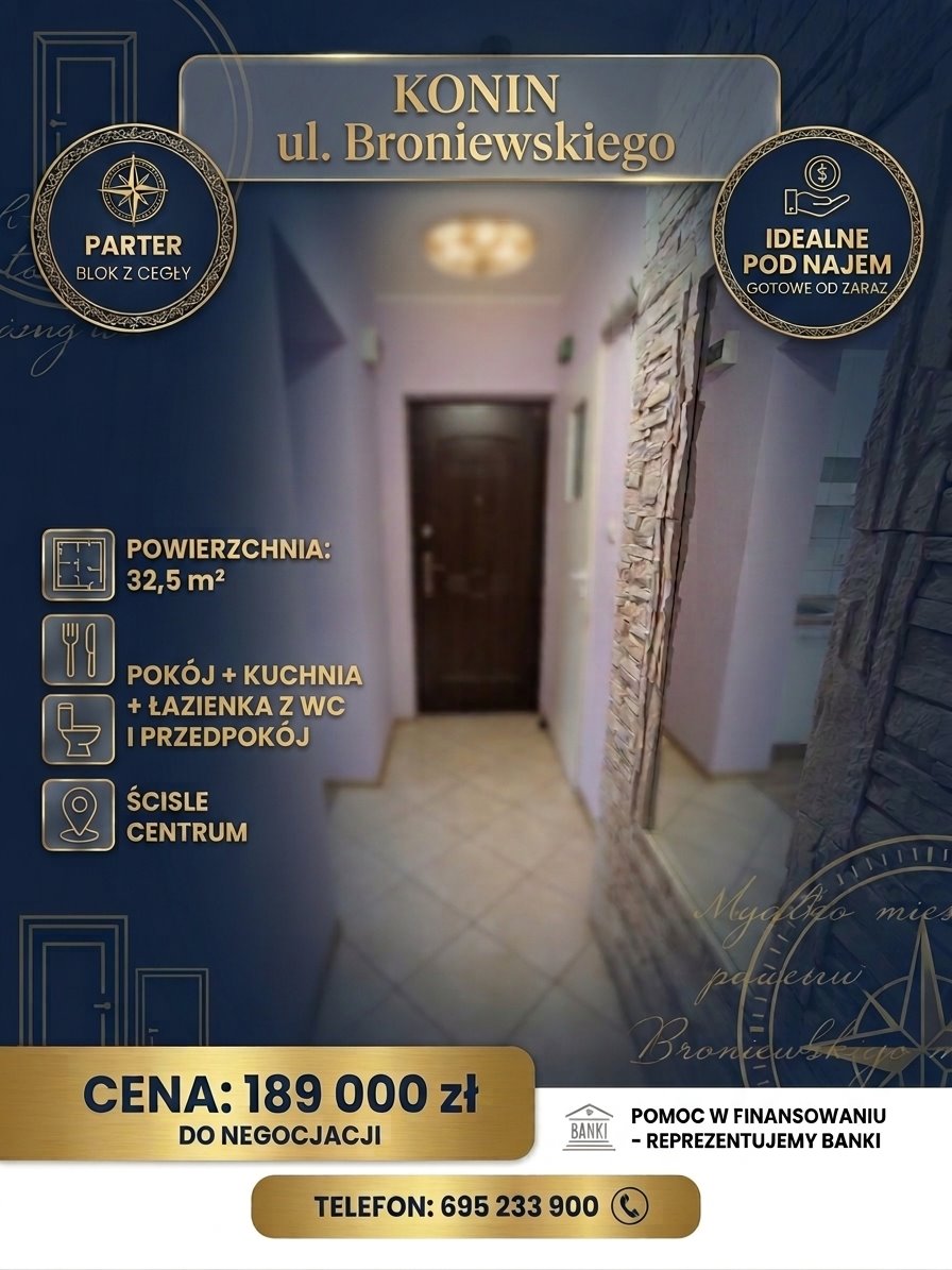 Przestronne 32,5 m² na parterze z cegły, blisko centrum Konin  33m2 Foto 1