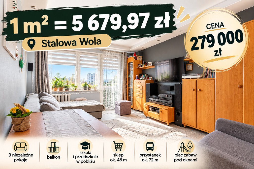 Zapraszam do obejrzenia 3-pokojowego mieszkania z balkonem w Stalowej Woli Stalowa Wola, Stanisławy Koper  49m2 Foto 1