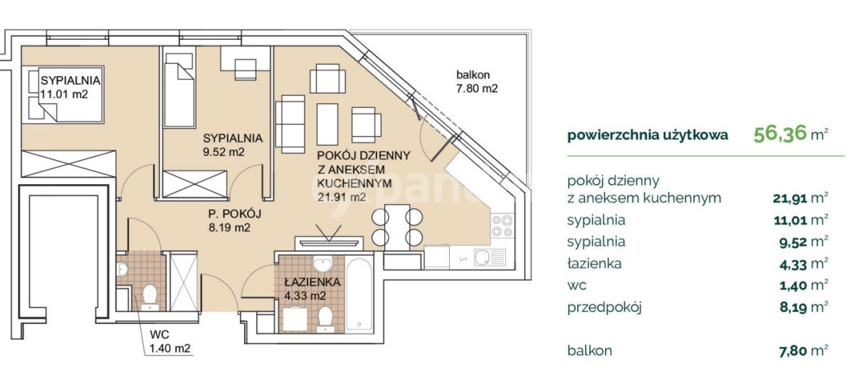 Mieszkanie trzypokojowe na sprzedaż Wrocław, Psie Pole  56m2 Foto 2