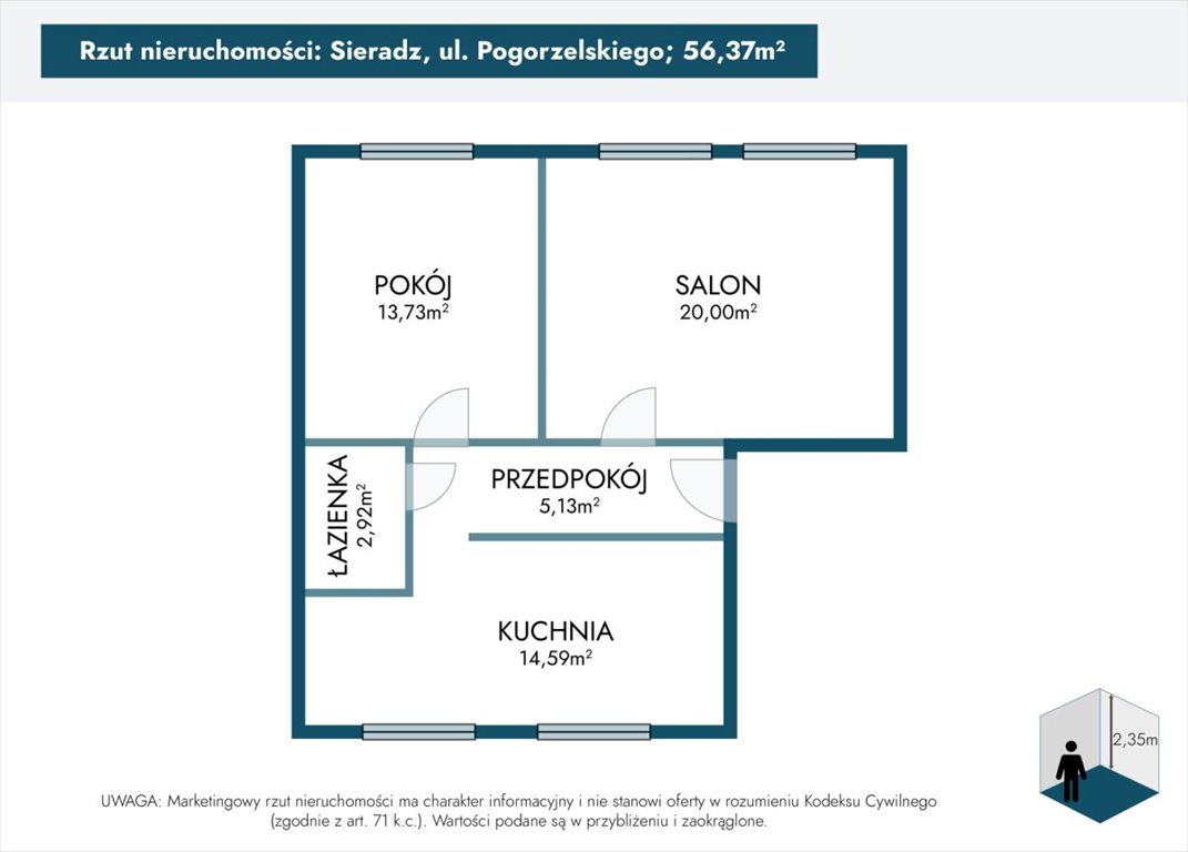 Mieszkanie dwupokojowe na sprzedaż Sieradz, ks. Walerego Pogorzelskiego  56m2 Foto 4