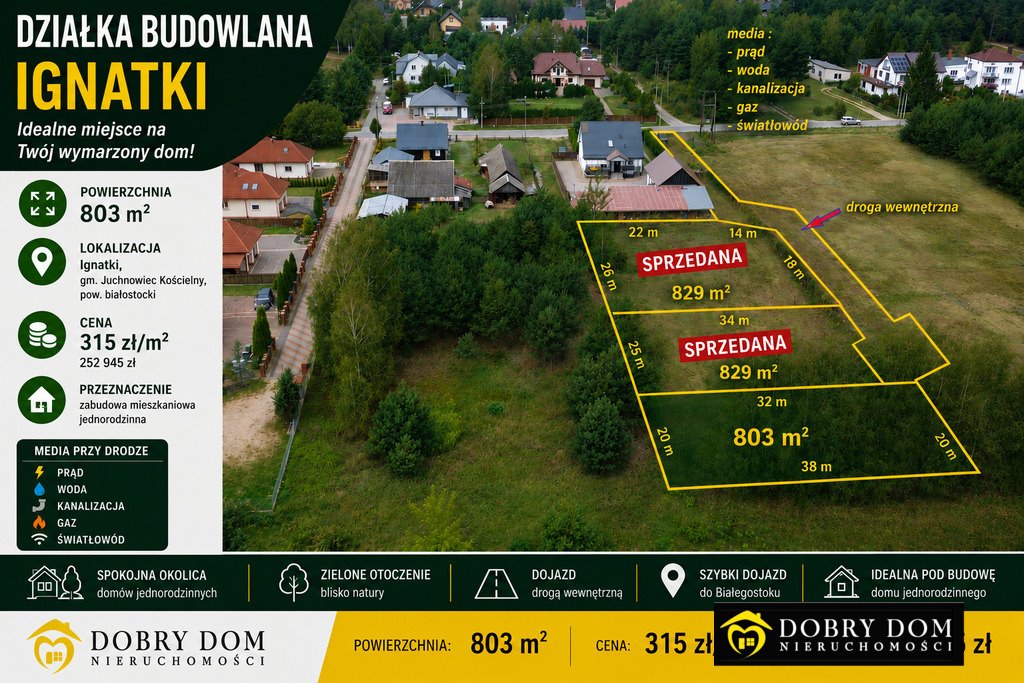 Działka budowlana 803 m² Ignatki - media w drodze Ignatki  803m2 Foto 1