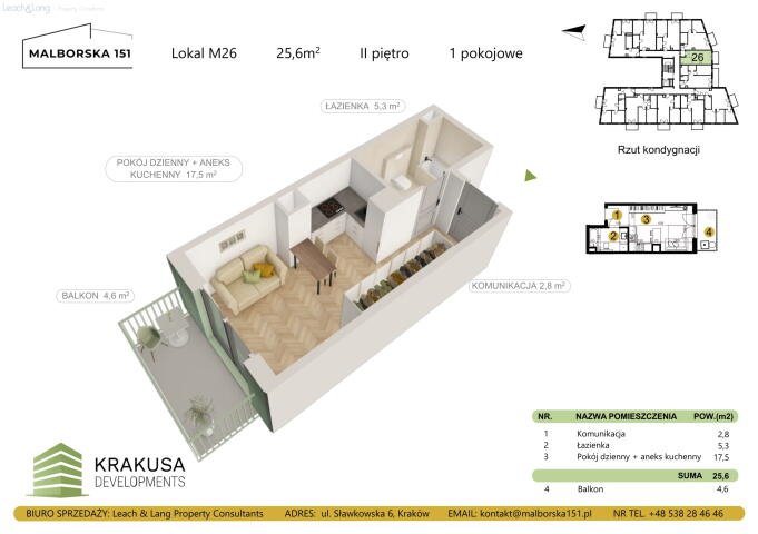 Nowoczesne studio z balkonem w Malborska 151, 25,6 m2 Kraków, Podgórze Duchackie, Wola Duchacka, Malborska  26m2 Foto 1