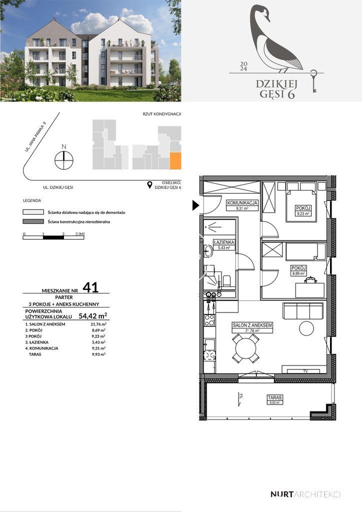 Przestronne 3-pokojowe mieszkanie w Osielsku, 54,42 m2 Osielsko, Dzikiej Gęsi  55m2 Foto 1
