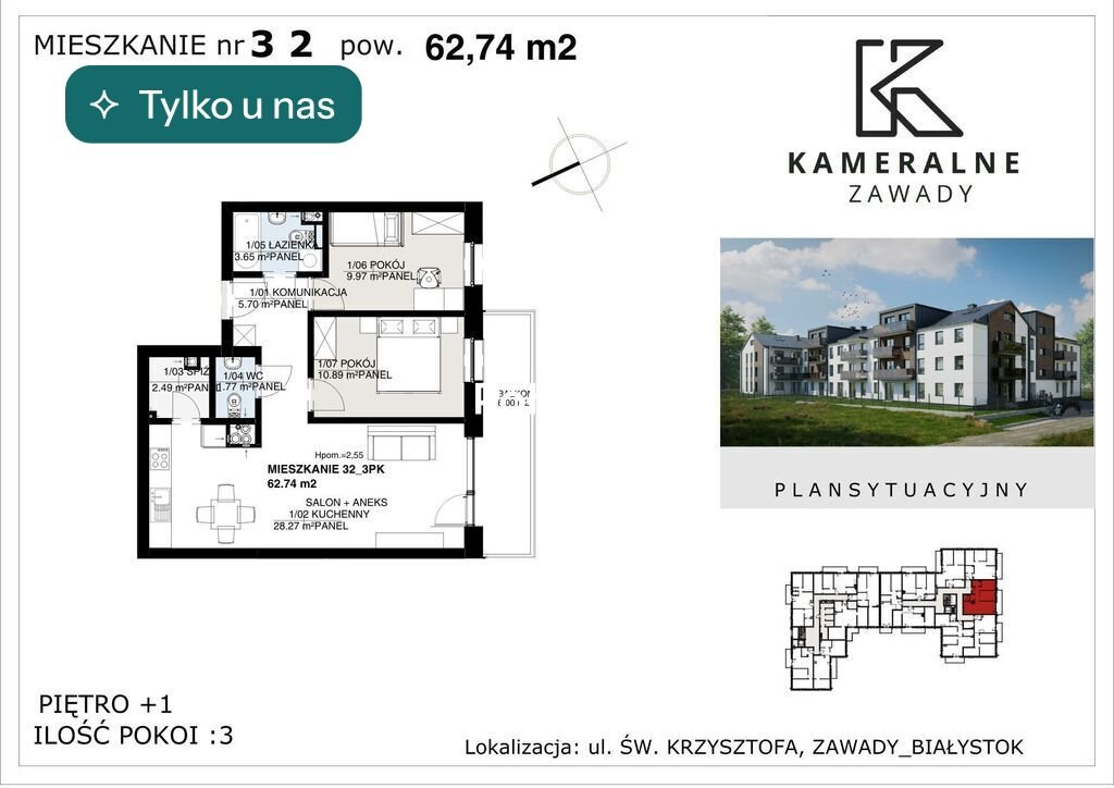Nowoczesne 3-pokojowe mieszkanie z balkonem w Zawadach Białystok, Zawady  63m2 Foto 1