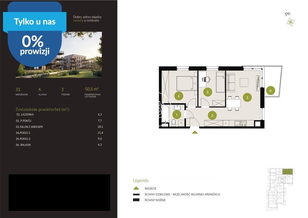 Do sprzedania nowoczesne 3-pokojowe mieszkanie 50,5 m² w Bydgoszczy Bydgoszcz, Flisy, Mińska  51m2 Foto 1