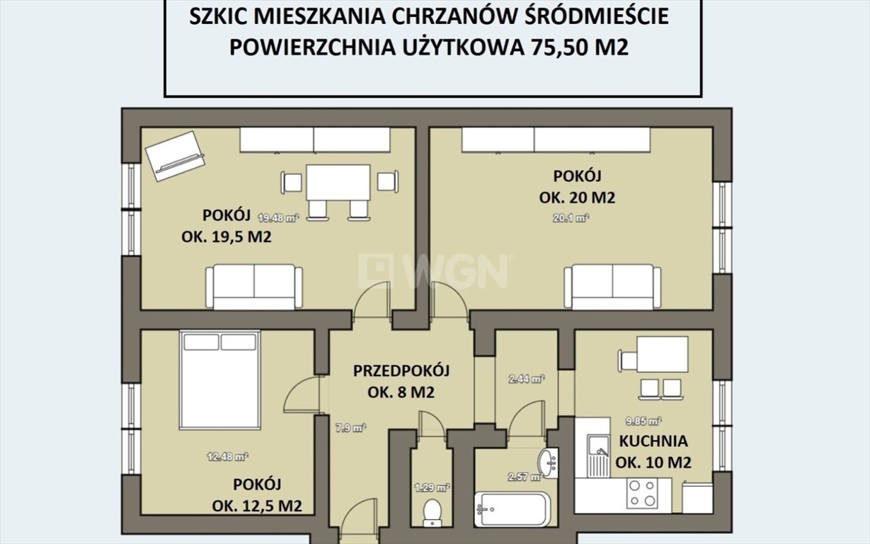 Mieszkanie trzypokojowe na sprzedaż Chrzanów, Śródmieście, Kościuszki  76m2 Foto 2
