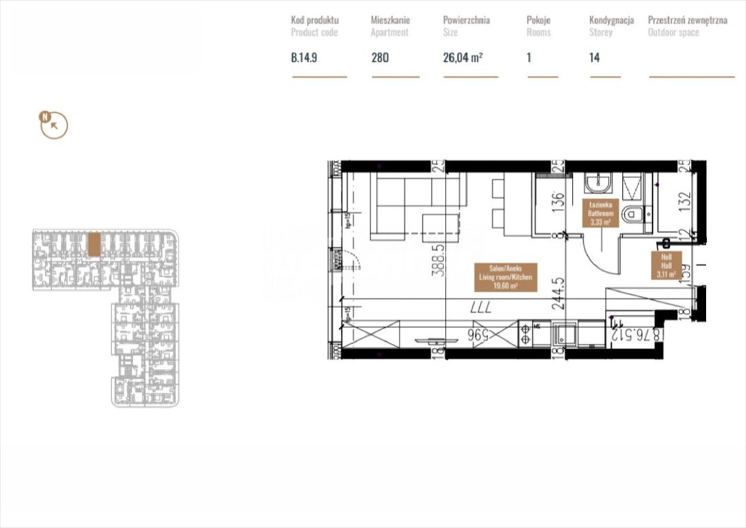 Nowoczesne mieszkanie 26 m2 z klimatyzacją i widokiem z 27 piętra Katowice, Centrum, Jana III Sobieskiego  26m2 Foto 1