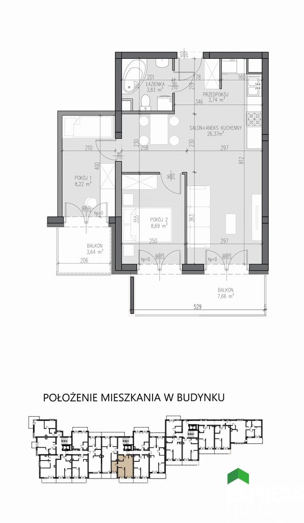 Nowoczesny apartament 3 pok. z balkonami, Piasta, 50,85 m2 Białystok, Piasta, Towarowa  51m2 Foto 1