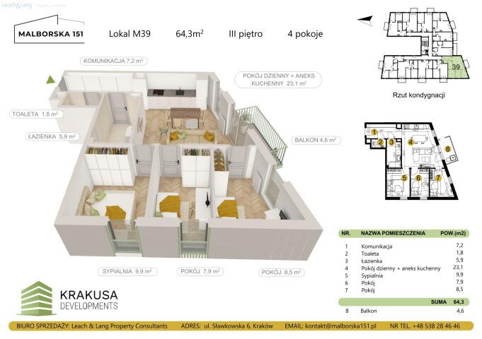 Komfortowe 4-pokojowe mieszkanie z balkonem (64,3 m²) w Krakowie Kraków, Podgórze Duchackie, Wola Duchacka, Malborska  64m2 Foto 1