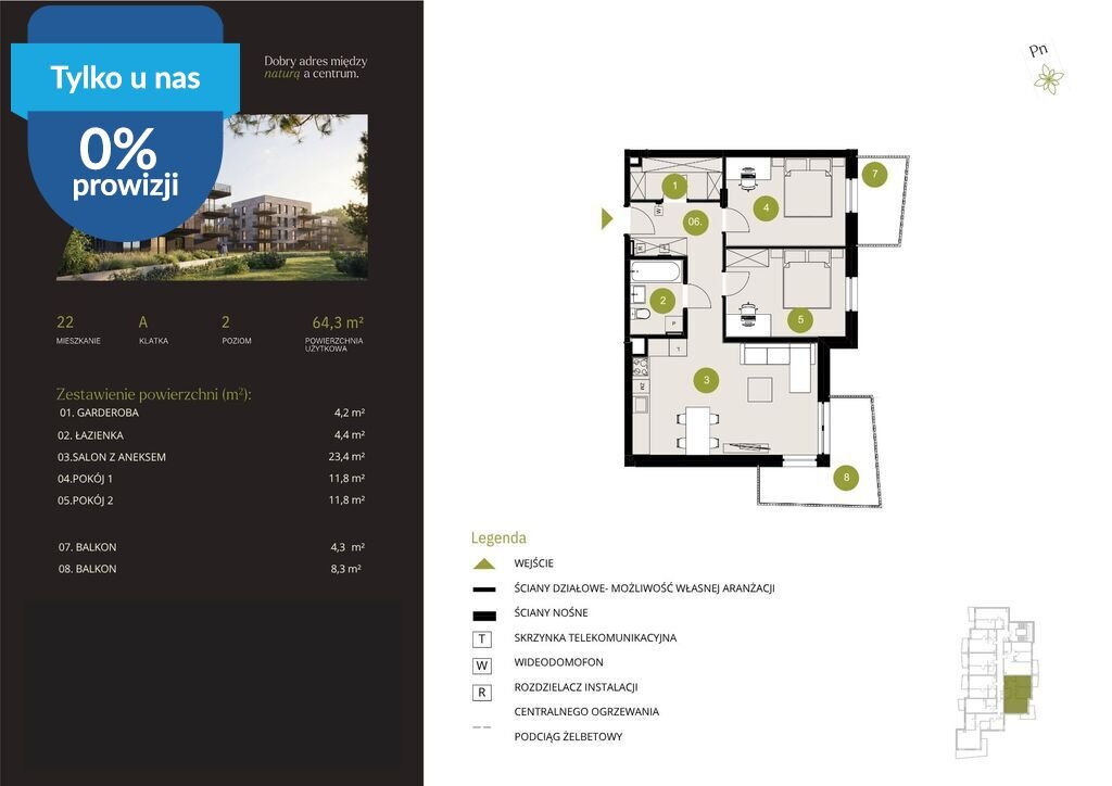 Polecam nowoczesne 3-pokojowe mieszkanie 64,3 m² przy Kanale Bydgoskim Bydgoszcz, Flisy, Mińska  64m2 Foto 1