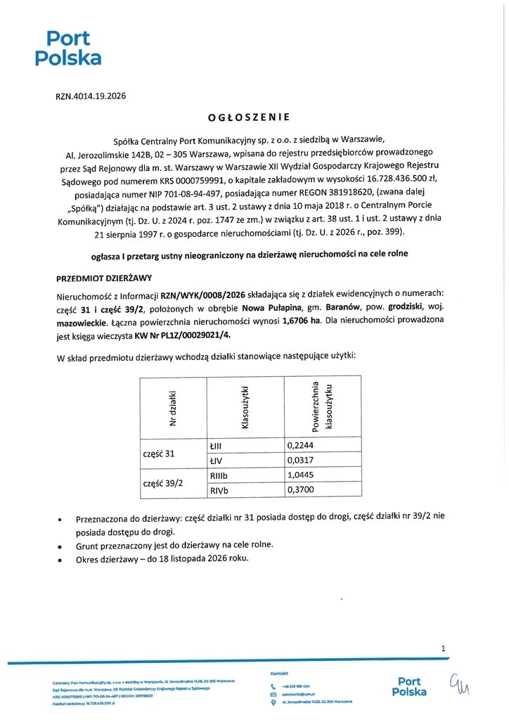 Działka na wynajem 16 706 m² w Nowej Pułapinie Nowa Pułapina  16 706m2 Foto 1
