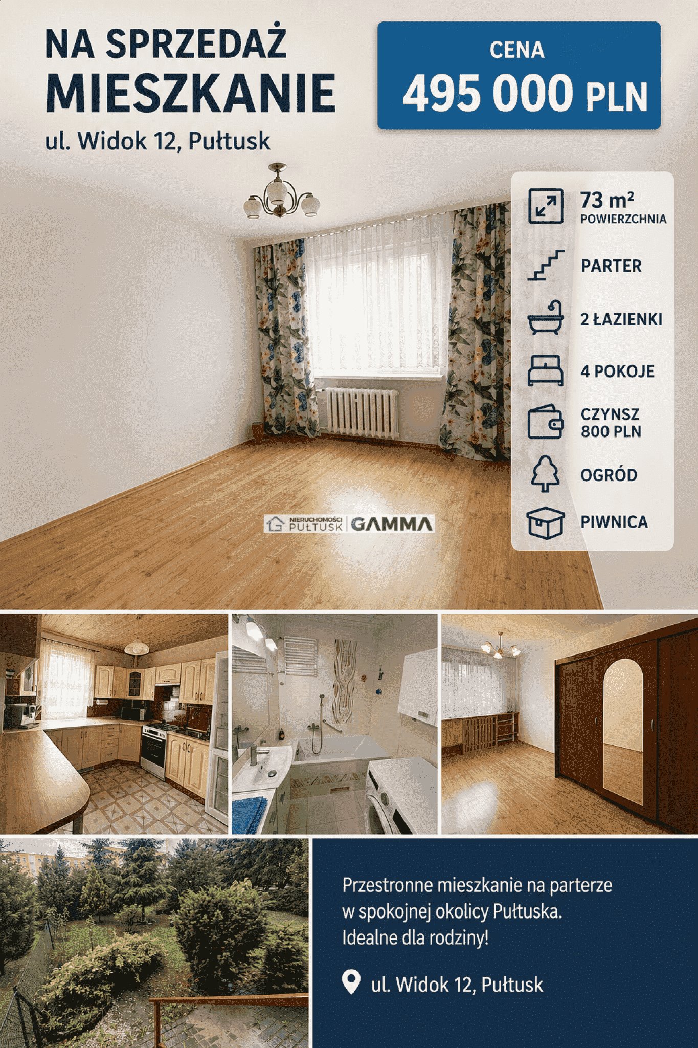Sprzedam przestronne 73 m² mieszkanie z ogrodem i balkonem Pułtusk, Pułtusk, Widok 12  73m2 Foto 1