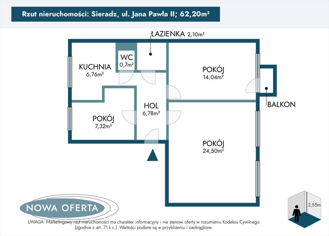 Mieszkanie trzypokojowe na sprzedaż Sieradz, Jana Pawła II  62m2 Foto 5