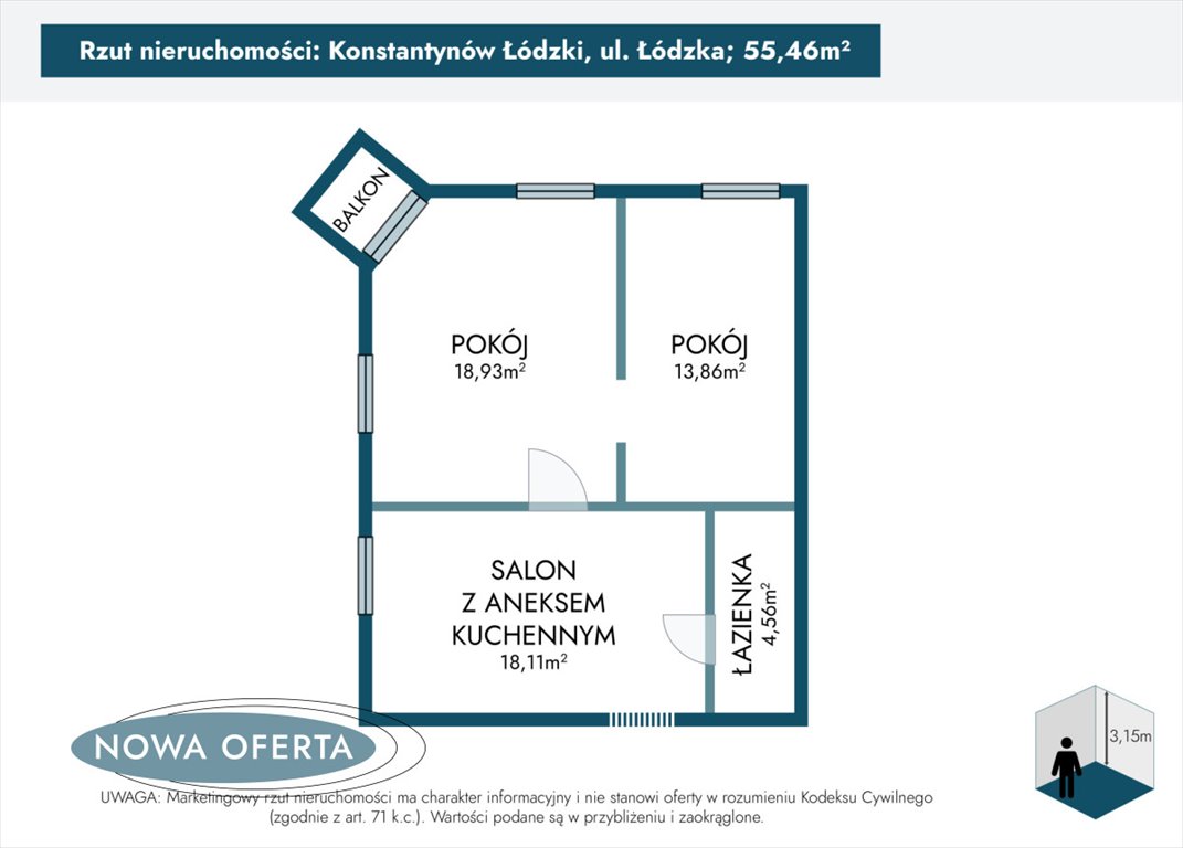Mieszkanie dwupokojowe na sprzedaż Konstantynów Łódzki, Łódzka  55m2 Foto 6