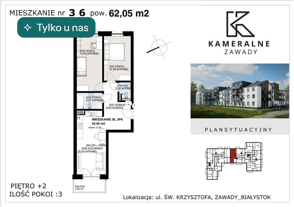 Na sprzedaż nowoczesne 3-pokojowe mieszkanie z balkonem w Zawadach Białystok, Zawady  62m2 Foto 1
