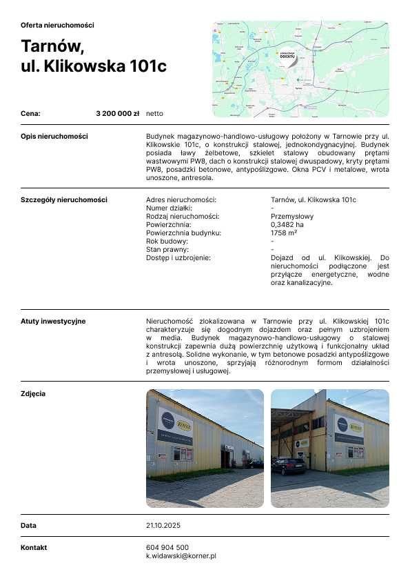 Na sprzedaż magazyn i usługi 1758 m² w Tarnowie Tarnów, Klikowska 101c  3 482m2 Foto 1