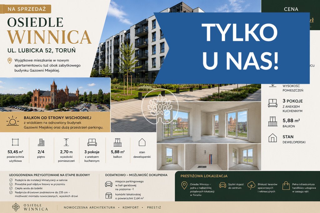 Nowoczesne 3-pokojowe mieszkanie z balkonem w Toruniu polecam Toruń, Jakubskie Przedmieście, Lubicka  53m2 Foto 1