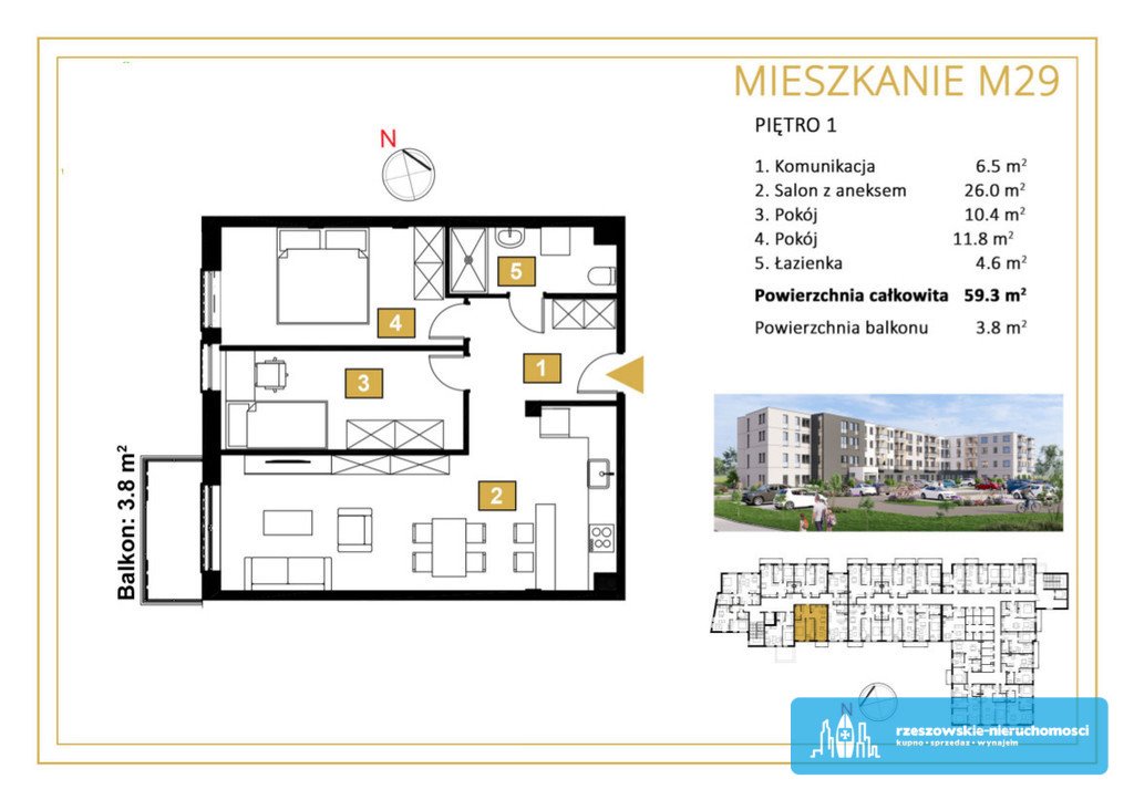 Mieszkanie trzypokojowe na sprzedaż Rzeszów, Staromieście, Warszawska  59m2 Foto 8