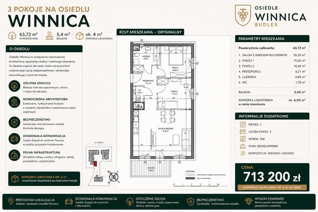Polecam przestronne 3-pokojowe mieszkanie 63,72 m² na prestiżowym osiedlu Winnica Toruń, Jakubskie Przedmieście  64m2 Foto 1