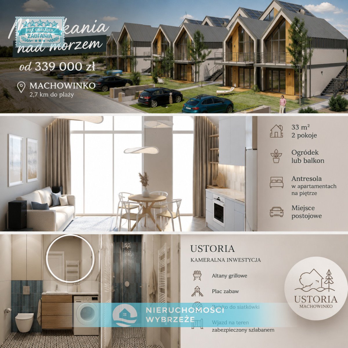 Polecam nowoczesne 2-pokojowe apartamenty 33 m² z ogródkiem lub balkonem w Machowinku: Machowinko