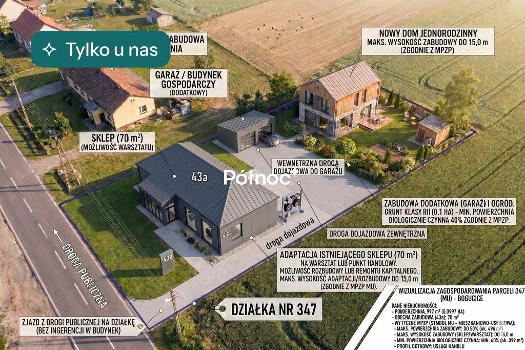 Działka 987 m² z możliwością budowy domu i usług w Bogucicach Bogucice  987m2 Foto 1
