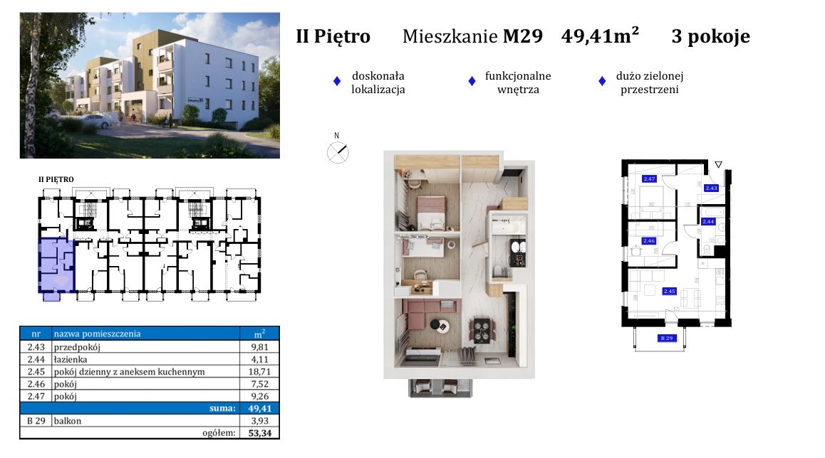 Mieszkanie trzypokojowe na sprzedaż Rzeszów, Zalesie, Zelwerowicza  49m2 Foto 1