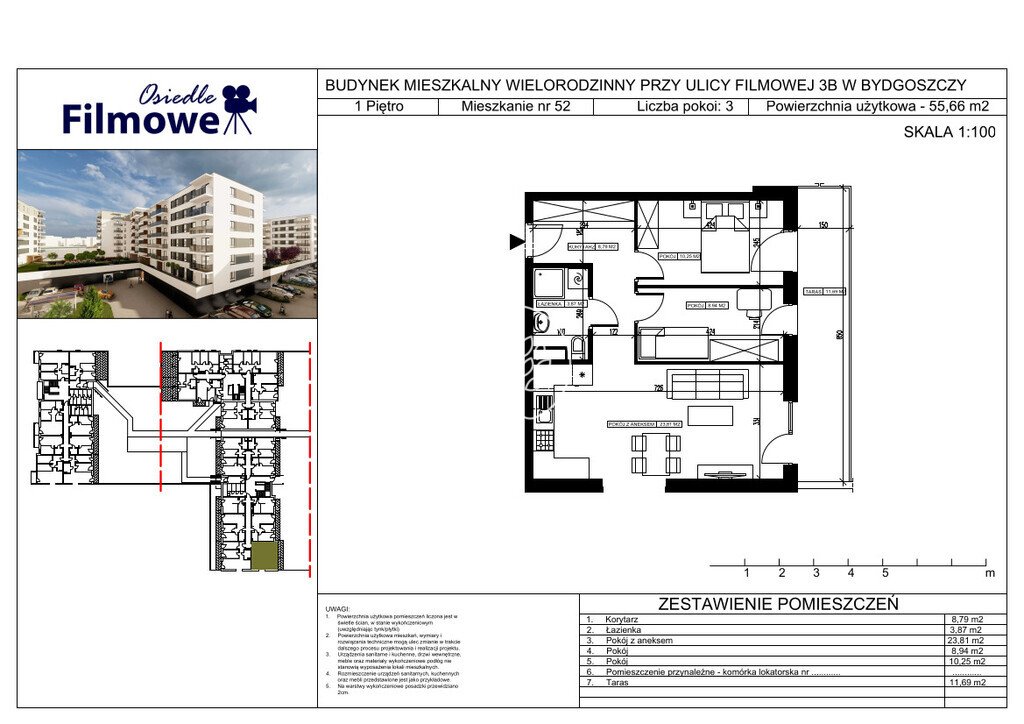 Mieszkanie trzypokojowe na sprzedaż Bydgoszcz, Bartodzieje Małe, Filmowa  56m2 Foto 3