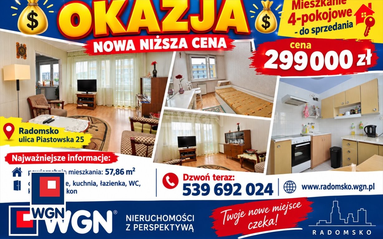 Na sprzedaż przestronne 4-pokojowe mieszkanie 58 m² w Radomsku Radomsko, Piastowska  58m2 Foto 1