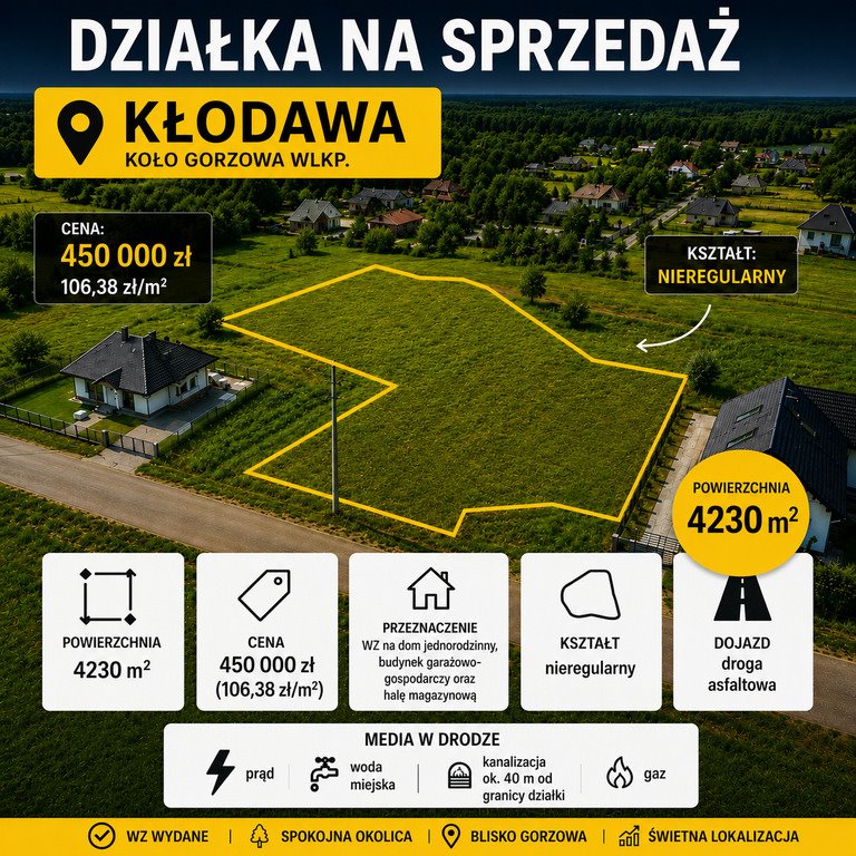Sprzedam działkę 4230 m² z warunkami zabudowy w Kłodawie Gorzów Wielkopolski, Kłodawa  4 230m2 Foto 1