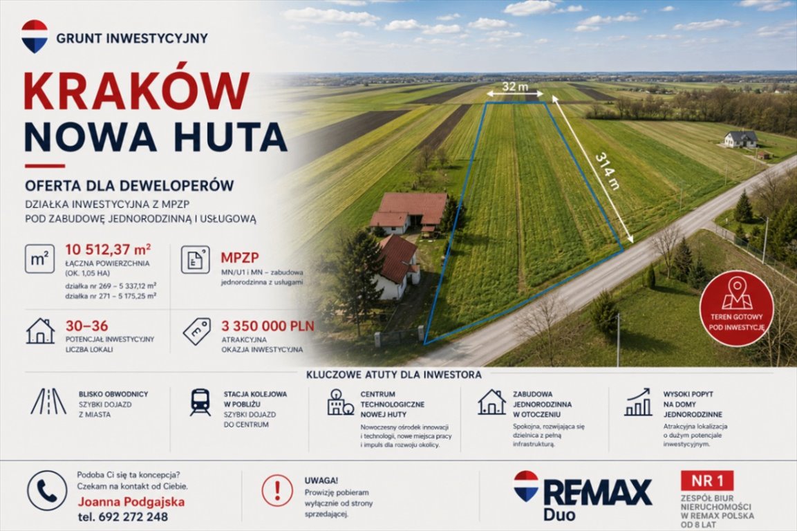 Działka inwestycyjna 1,05 ha z MPZP pod domy i usługi Kraków, Narcyza Wiatra  10 526m2 Foto 1