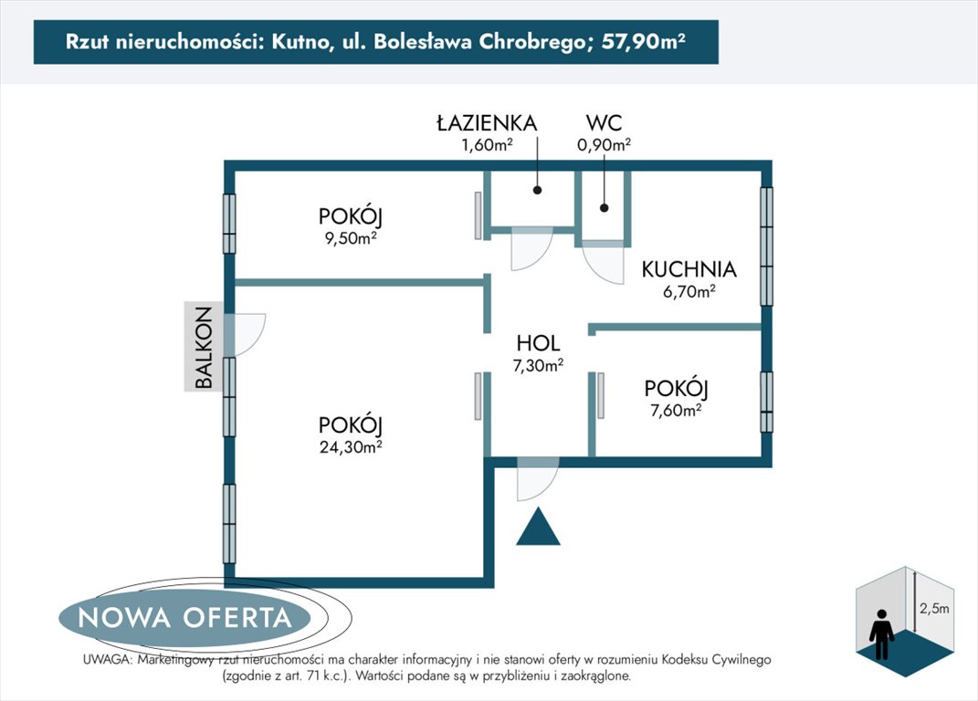 Mieszkanie trzypokojowe na sprzedaż Kutno, Bolesława Chrobrego  58m2 Foto 6