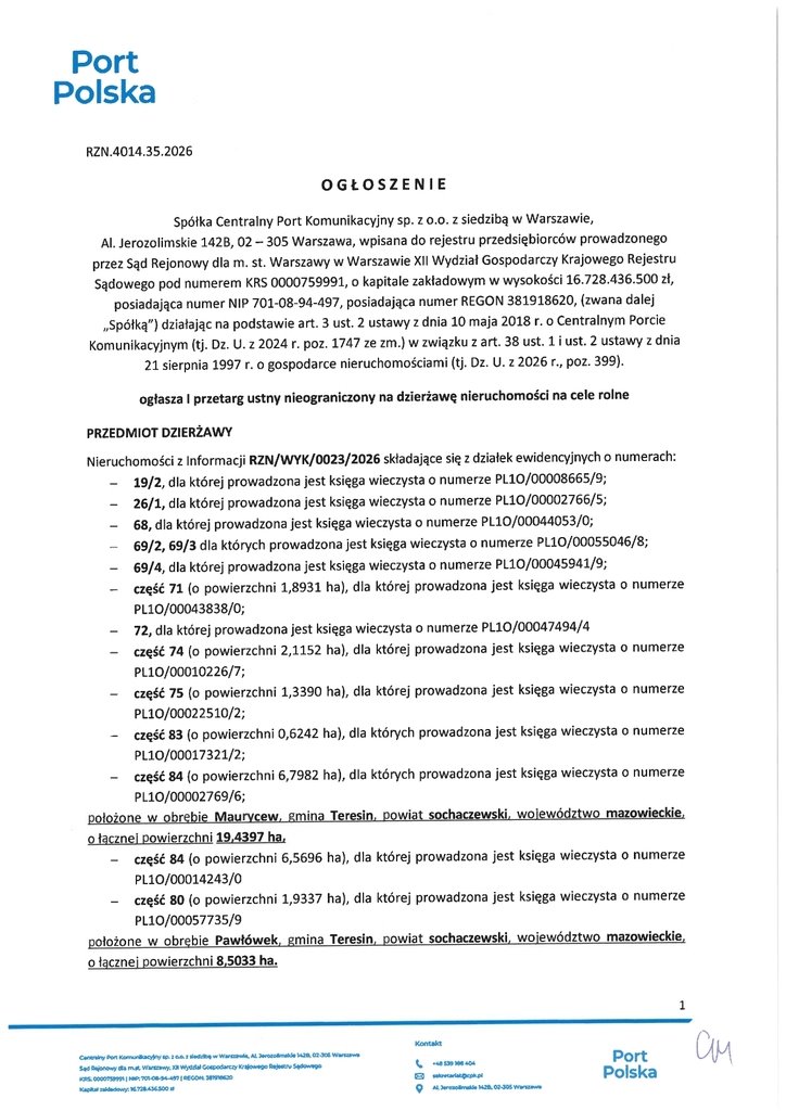 Działka na wynajem 279 430 m² w Teresinie – idealna pod inwestycję Teresin  279 430m2 Foto 1