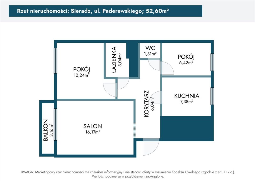 Mieszkanie trzypokojowe na sprzedaż Sieradz, Ignacego Paderewskiego  53m2 Foto 5