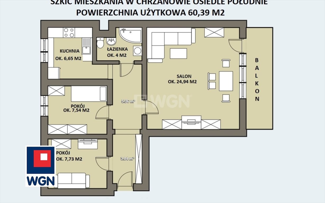 Mieszkanie trzypokojowe na sprzedaż Chrzanów, Kościelec, Patelskiego  65m2 Foto 2