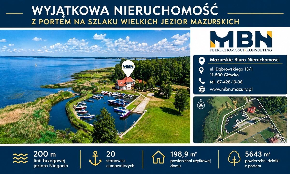 Dom z portem i 200 m linii brzegowej jeziora Niegocin Rydzewo, Rydzewo  199m2 Foto 1