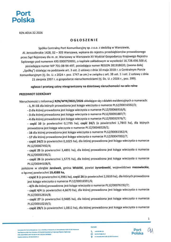 Działka na wynajem w Wiskitkach – 548 908 m², atrakcyjna oferta Wiskitki  548 908m2 Foto 1