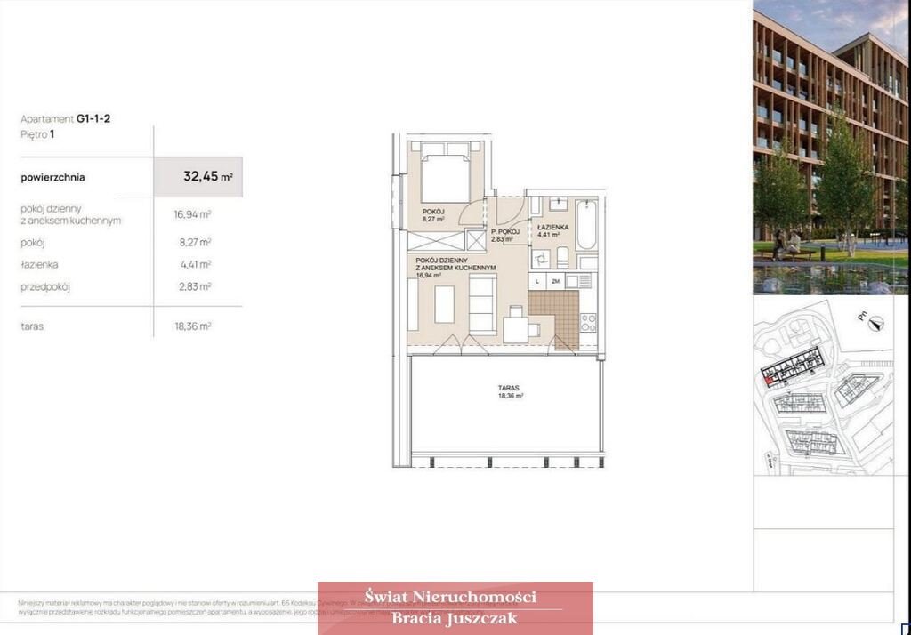 Nowoczesny 2-pokojowy apartament 32,45 m² z garażem w Szczepinie Wrocław, Szczepin, Szczepin  32m2 Foto 1