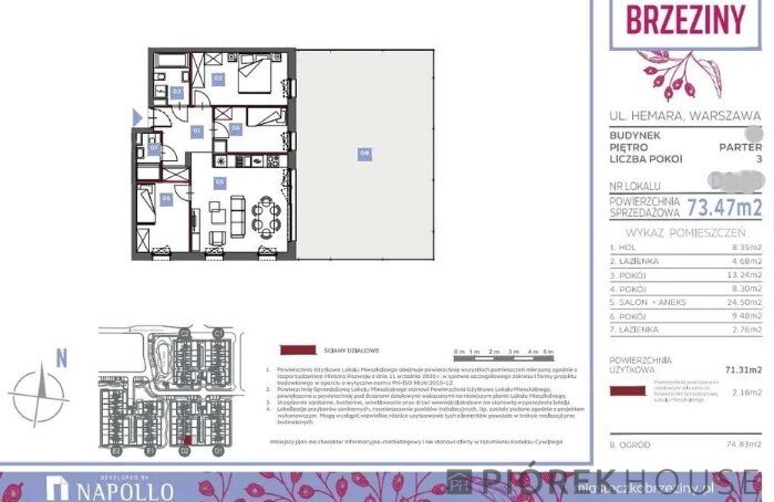 Sprzedam 4-pokojowe mieszkanie z ogrodem 75 m² w Warszawie Warszawa, Białołęka, Mariana Hemara  74m2 Foto 1