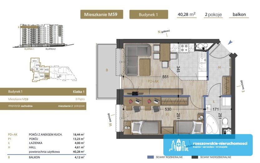 Mieszkanie dwupokojowe na sprzedaż Rzeszów, Przybyszówka, bł. Karoliny  40m2 Foto 2