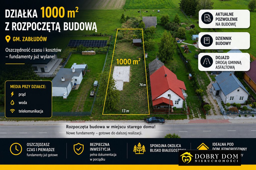 Działka 1000 m² z fundamentami, media, asfalt - polecam! Dobrzyniówka  1 000m2 Foto 1