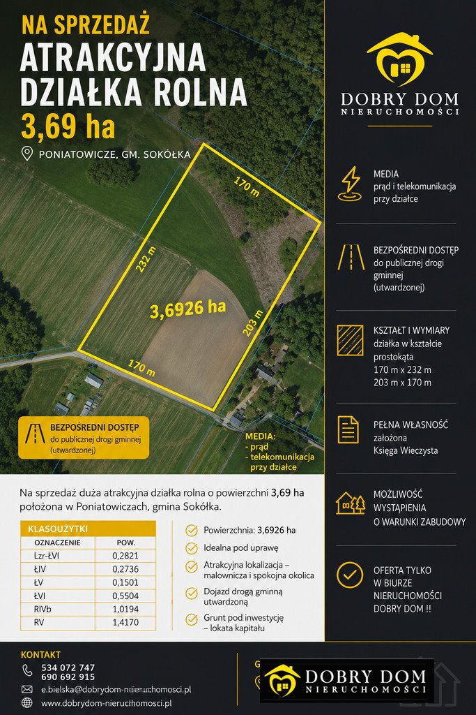 Na sprzedaż duża działka rolna 3,69 ha w Poniatowiczach Poniatowicze  36 926m2 Foto 1