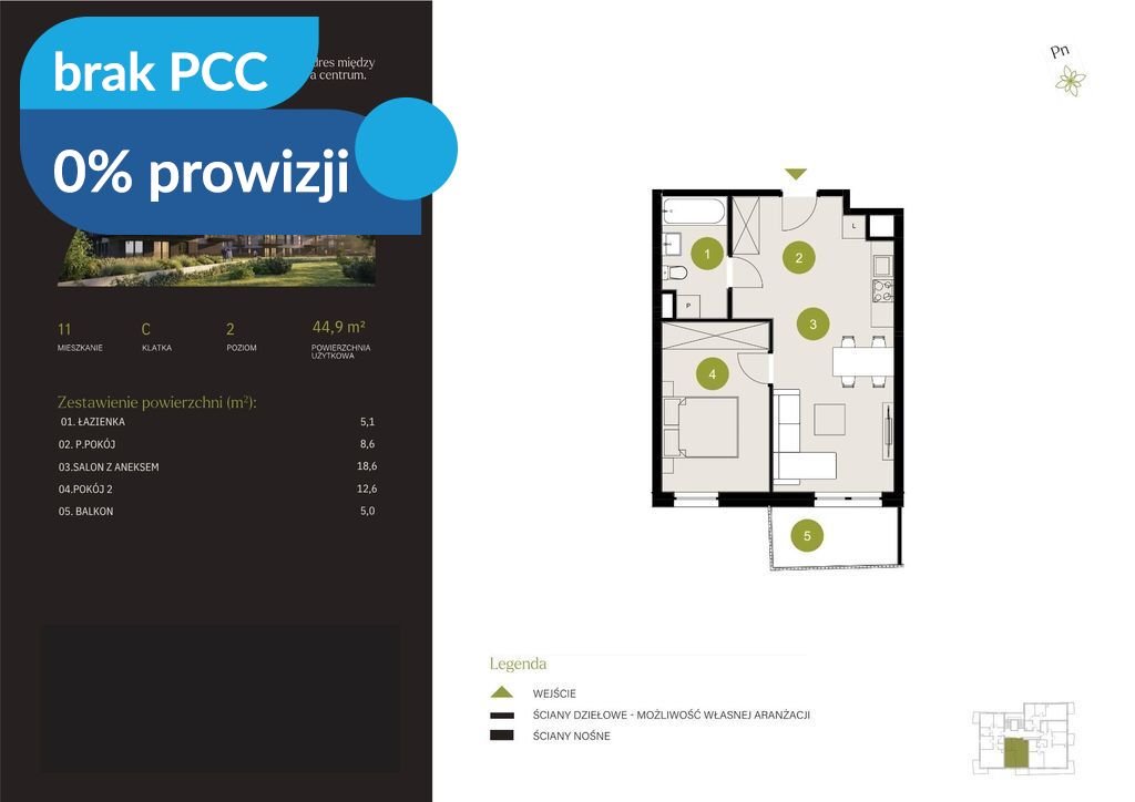 Na sprzedaż nowoczesne 2 pokoje z balkonem przy Kanale Bydgoskim Bydgoszcz, Flisy, Mińska  45m2 Foto 1
