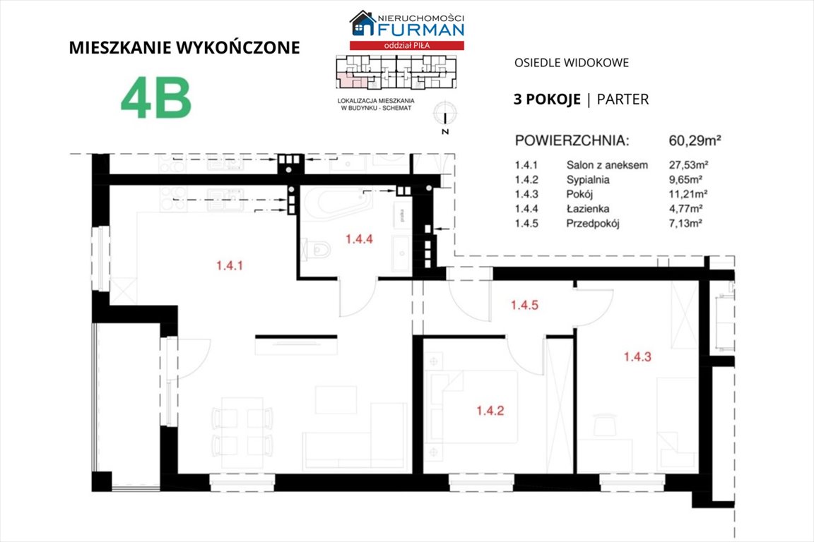 Nowe 3-pokojowe mieszkanie od ręki w Piła Osiedle Górne Piła, Osiedle Górne  60m2 Foto 1