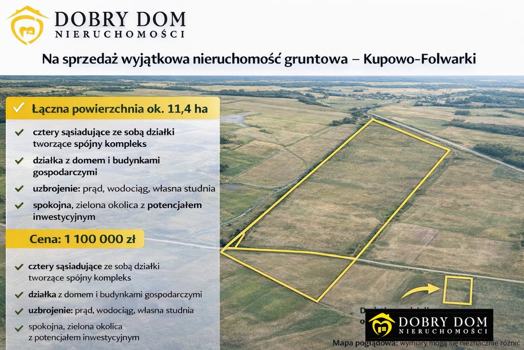 Duża działka z domem i infrastrukturą, 11,4 ha Kupowo-Folwark  117 000m2 Foto 1