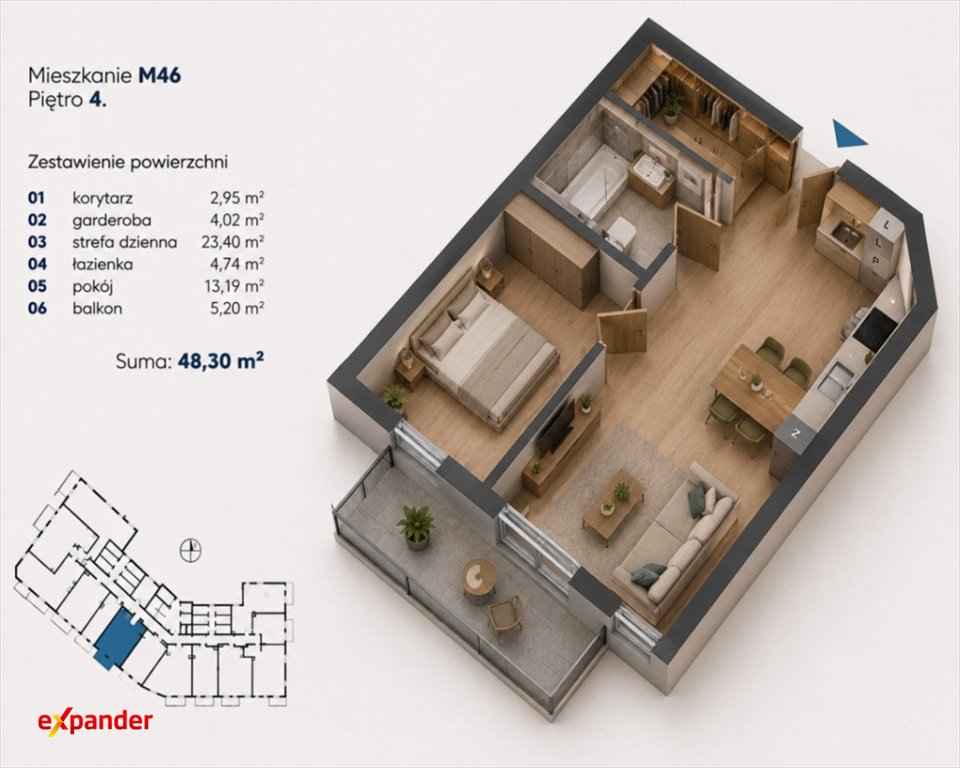 Polecam nowoczesne 48,3 m² mieszkanie z balkonem i garażem Nowa Dęba, Kwiatkowskiego  48m2 Foto 1