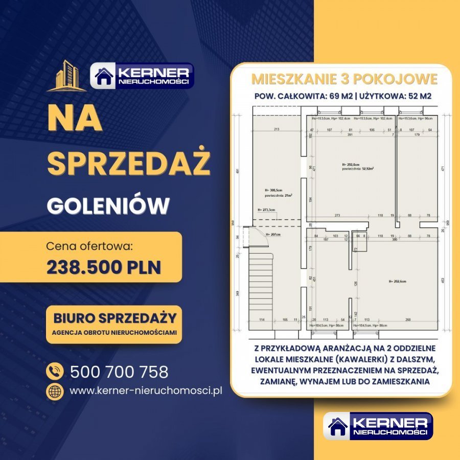 Mieszkanie trzypokojowe na sprzedaż Goleniów  69m2 Foto 1