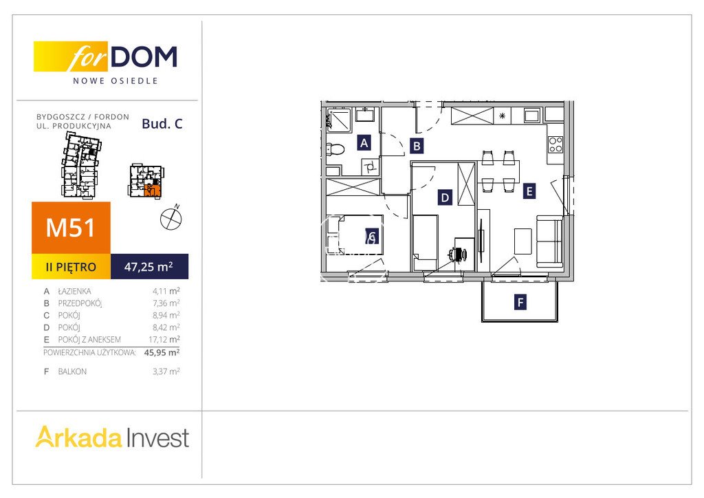 Mieszkanie trzypokojowe na sprzedaż Bydgoszcz, Fordon, Produkcyjna  47m2 Foto 3