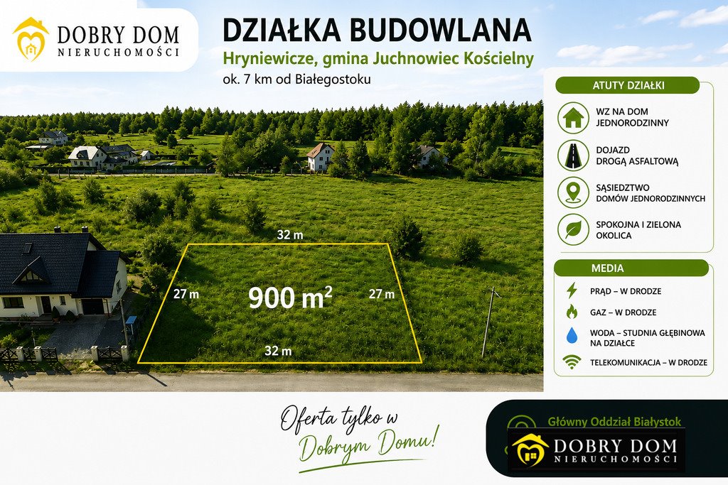 Sprzedam działkę 900 m² z WZ, mediami i asfaltem w Juchnowcu Hryniewicze  900m2 Foto 1